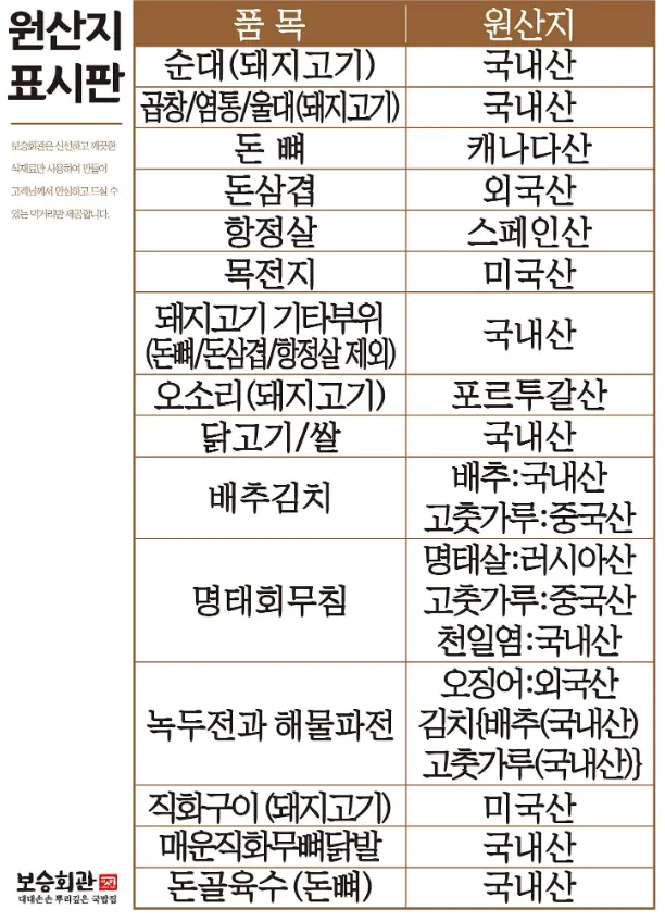 보승회관 천호역점 세로형 메뉴 안내