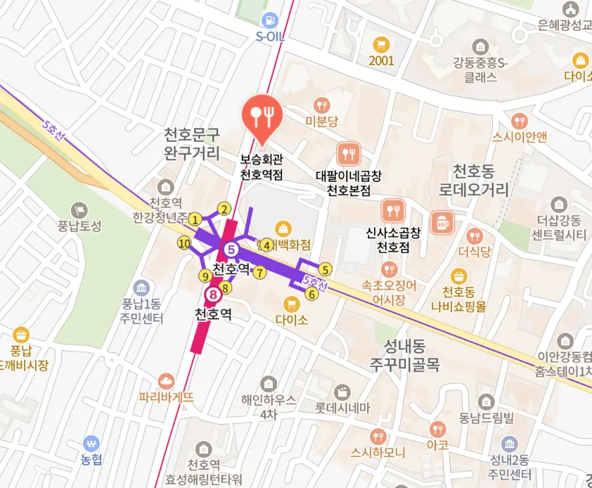 Map showing the location of Boseung Hoegwan Cheonho Station Branch near Cheonho Station Exit 4
