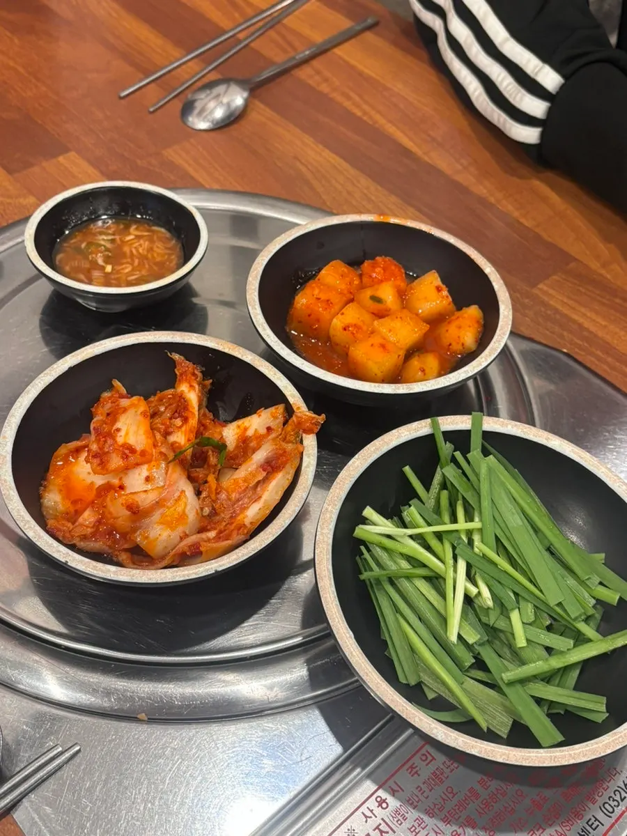 Basic side dishes: kkakdugi, napa cabbage kimchi, chives, and salted shrimp