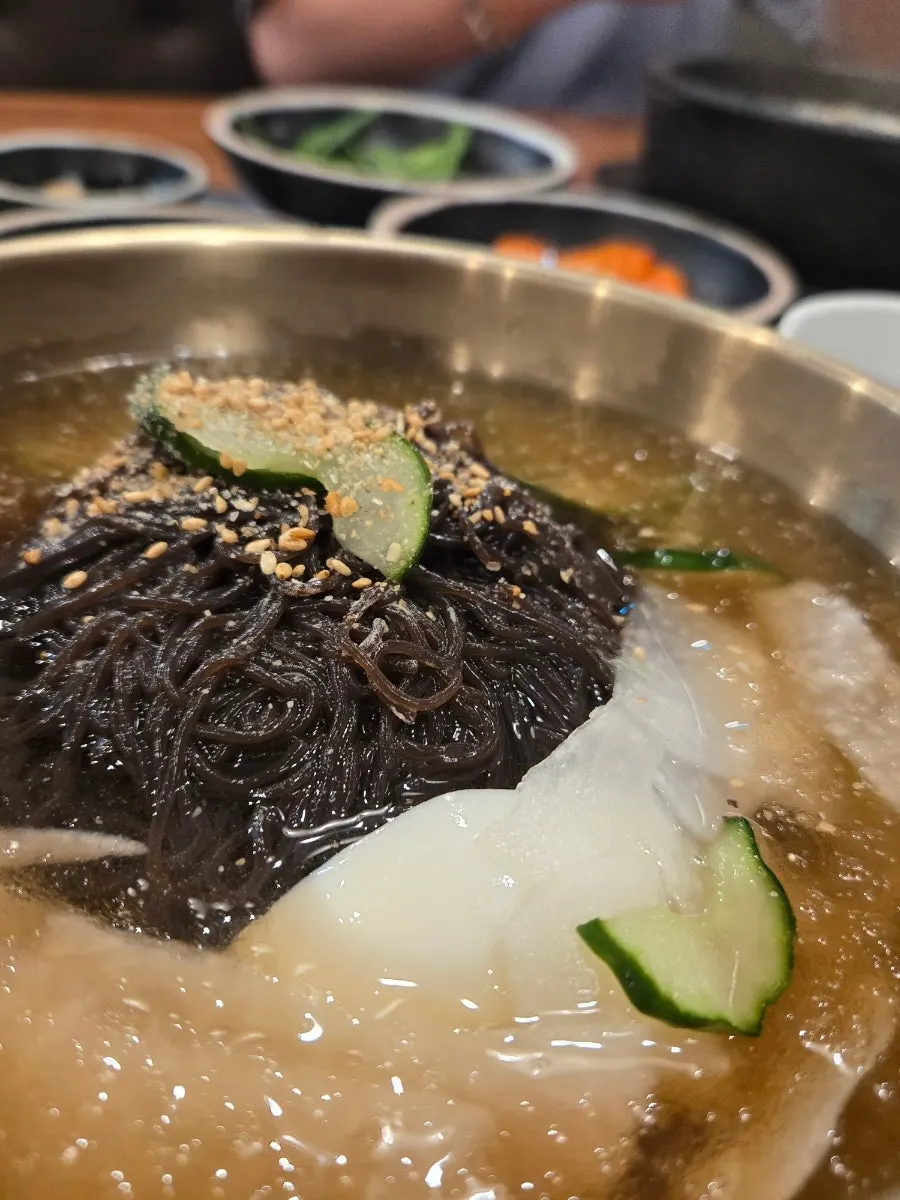 물냉면 면발을 들어 올린 모습