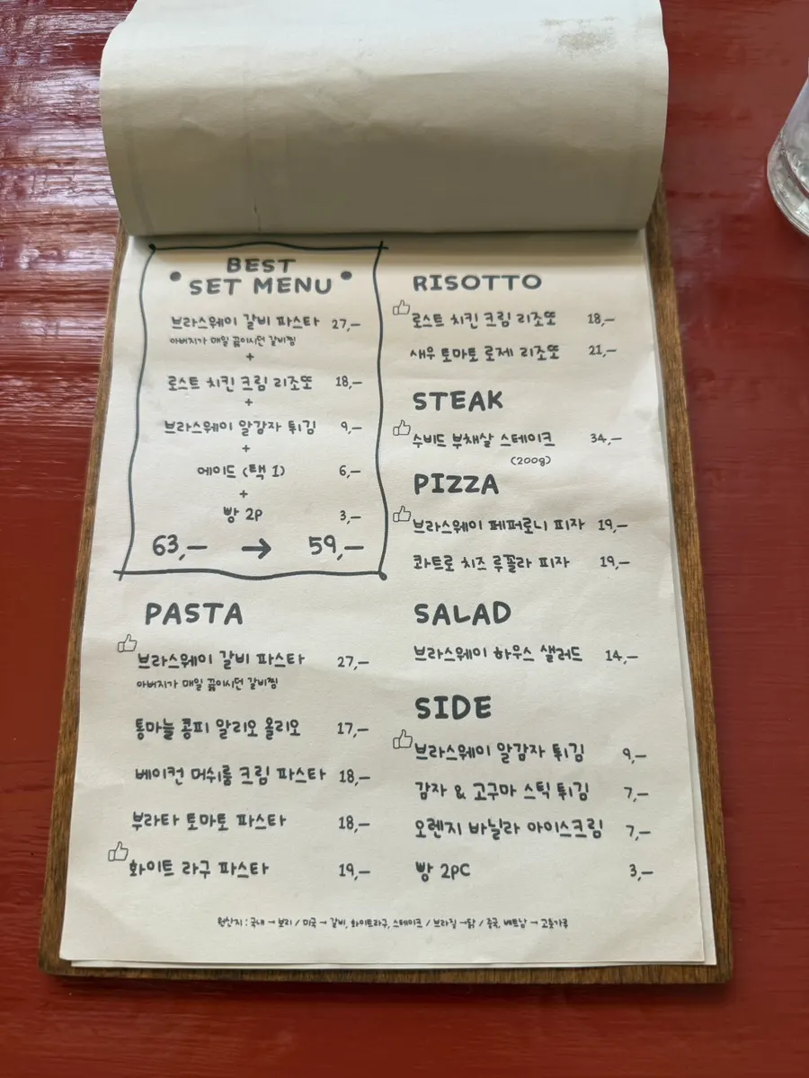 Brassway menu introducing the galbi pasta