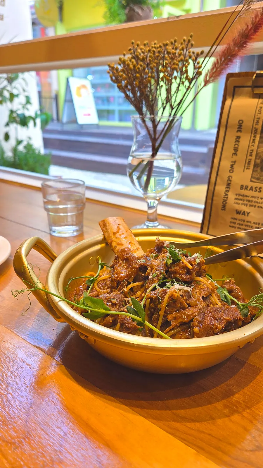 Galbi pasta table setting at Brassway, Seomyeon Jeonpo