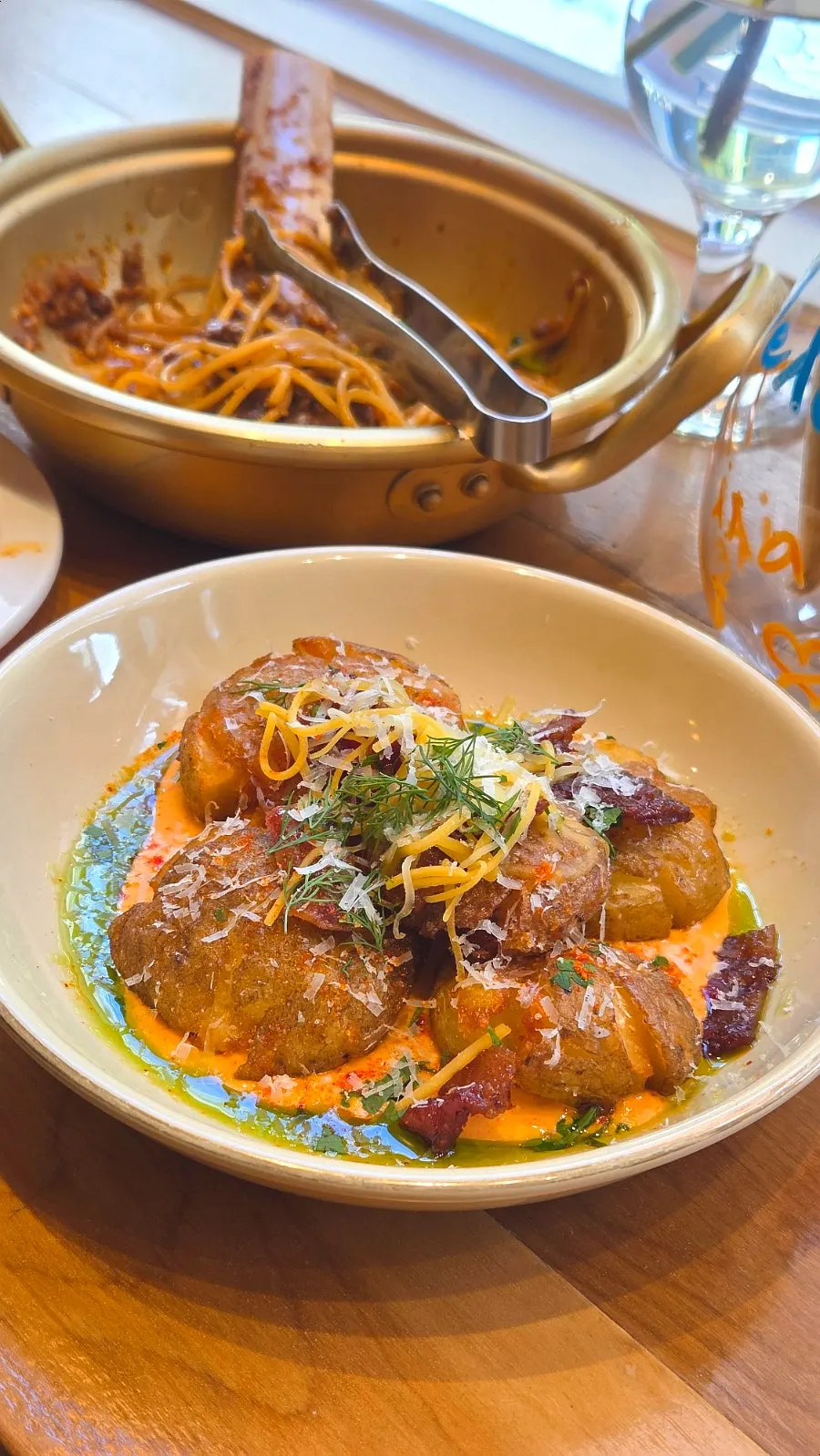 Plate with galbi meat and pasta noodles together