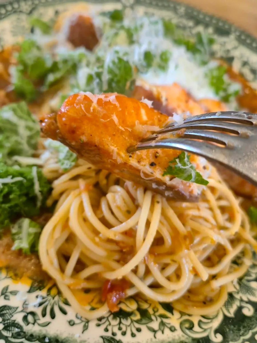 Salmon steak pasta with ragu sauce