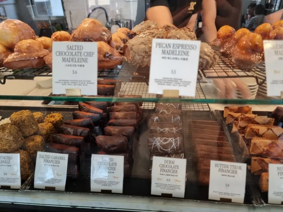 Dessert case with financiers and madeleines