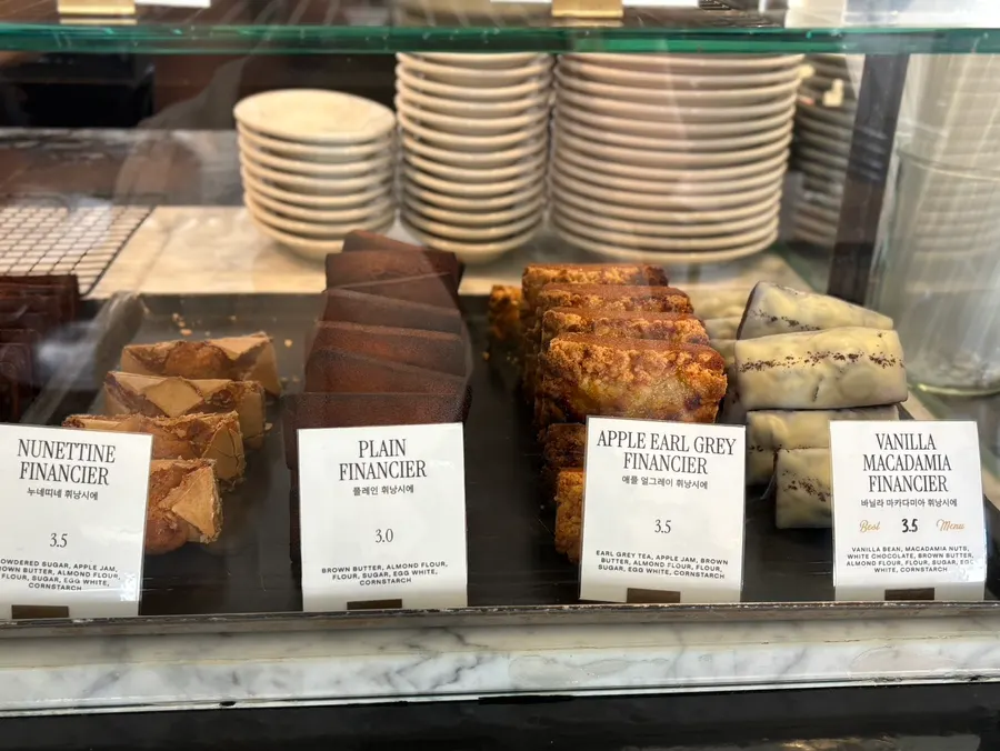 Display case of financiers at Brewers Coffee