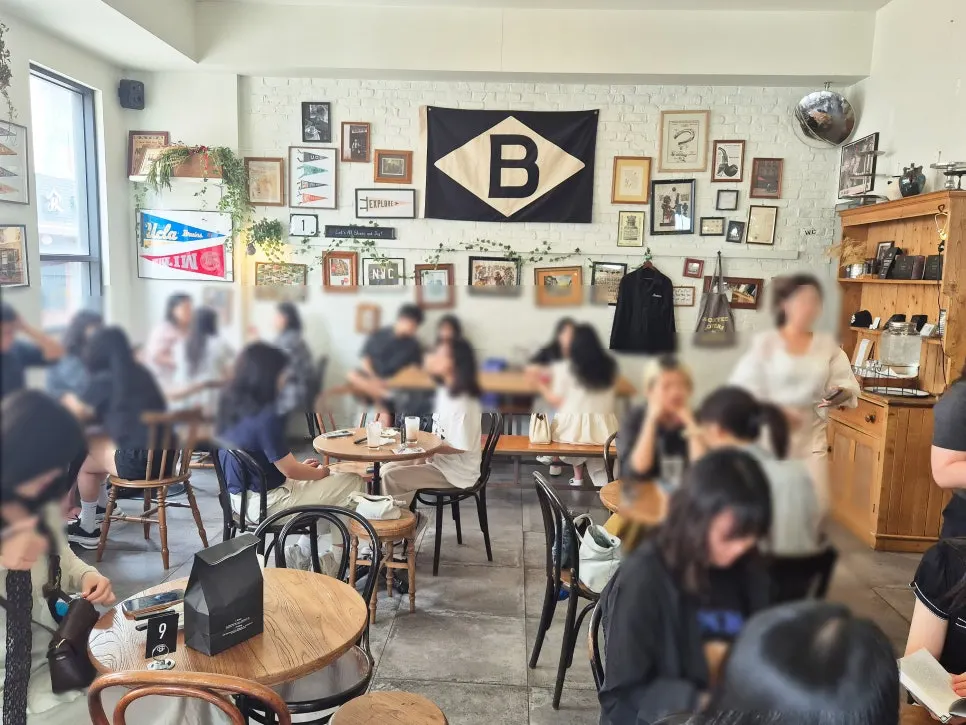 Café interior with white brick walls and vintage decor