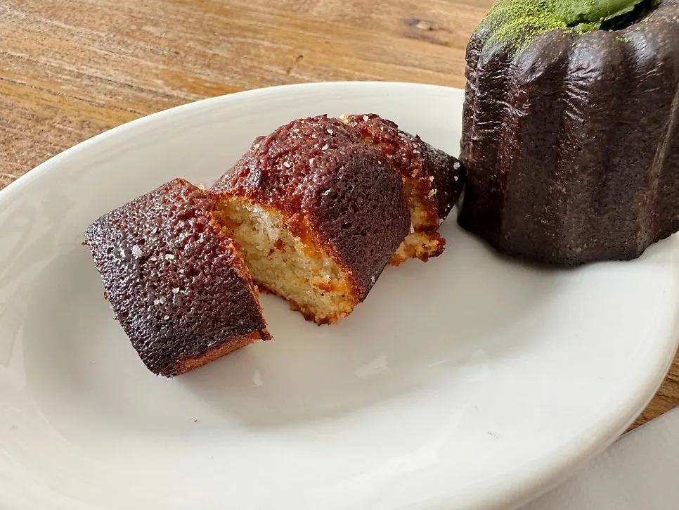 Salted caramel financier and matcha canelé