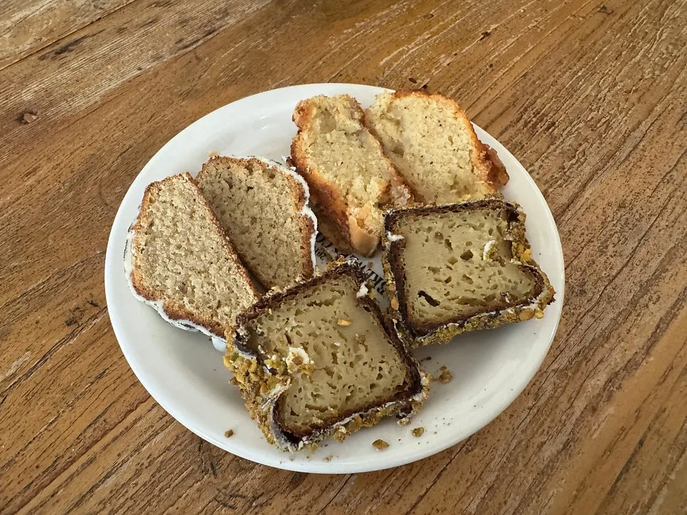 Cross-section of a canelé cut in half