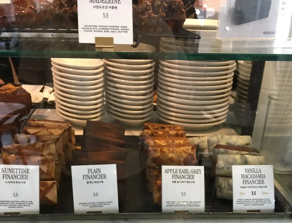 Baked goods displayed in the showcase
