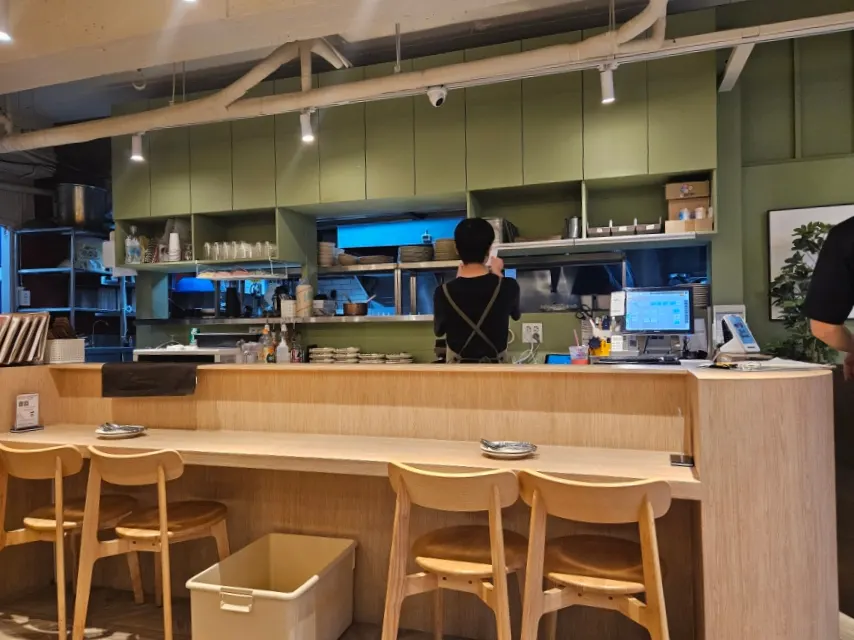 Dining hall with the green window seats visible in the distance