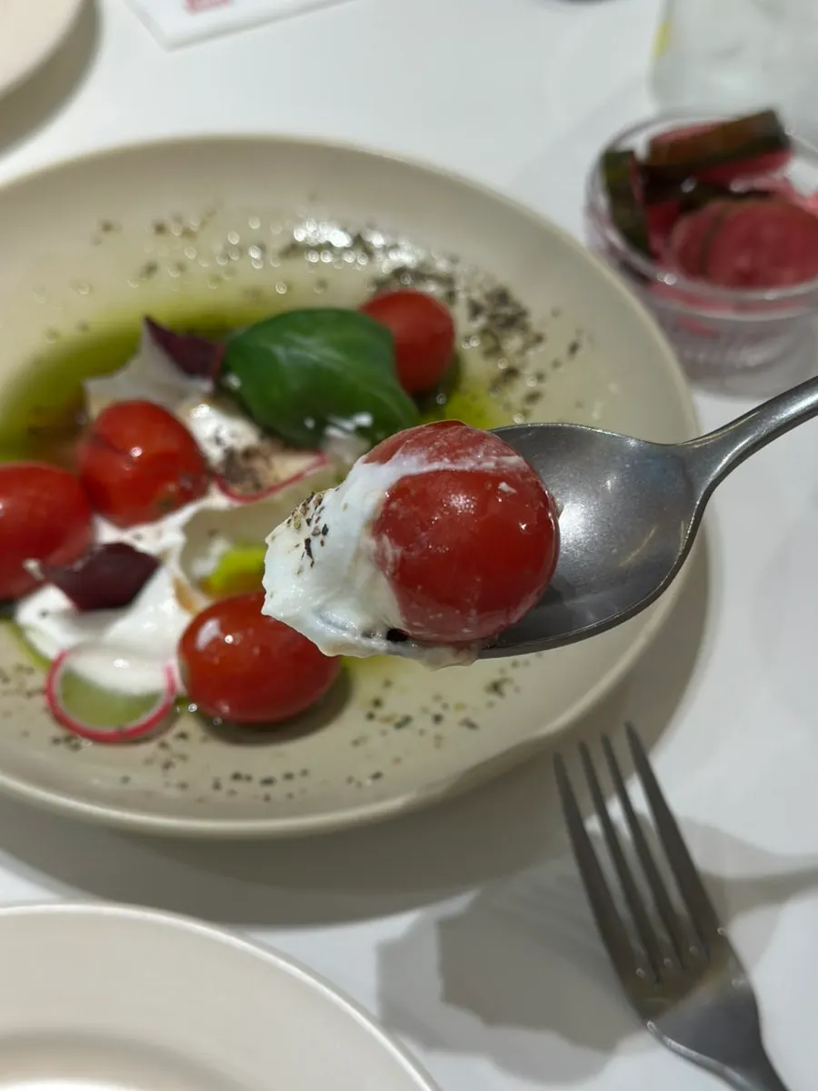 Tomato salad topped with yogurt sauce