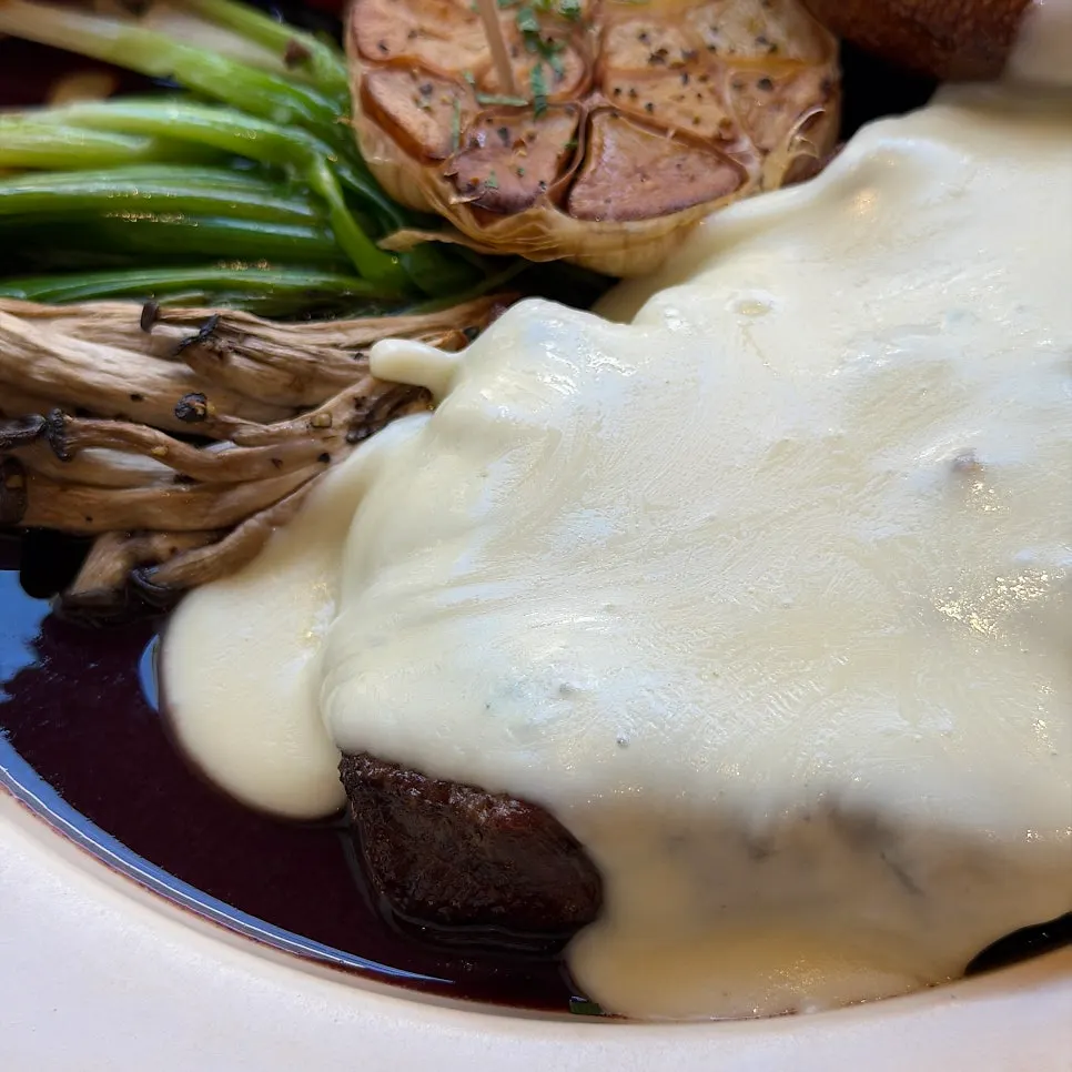 Tender steak held up with a fork