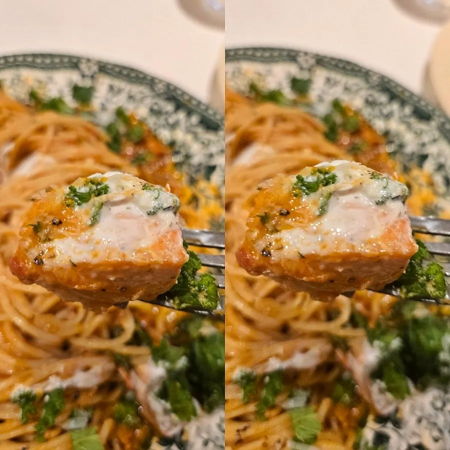 Close-up of the salmon steak pasta