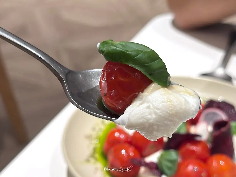 Close-up of the Greek yogurt salad topped with basil and tomato
