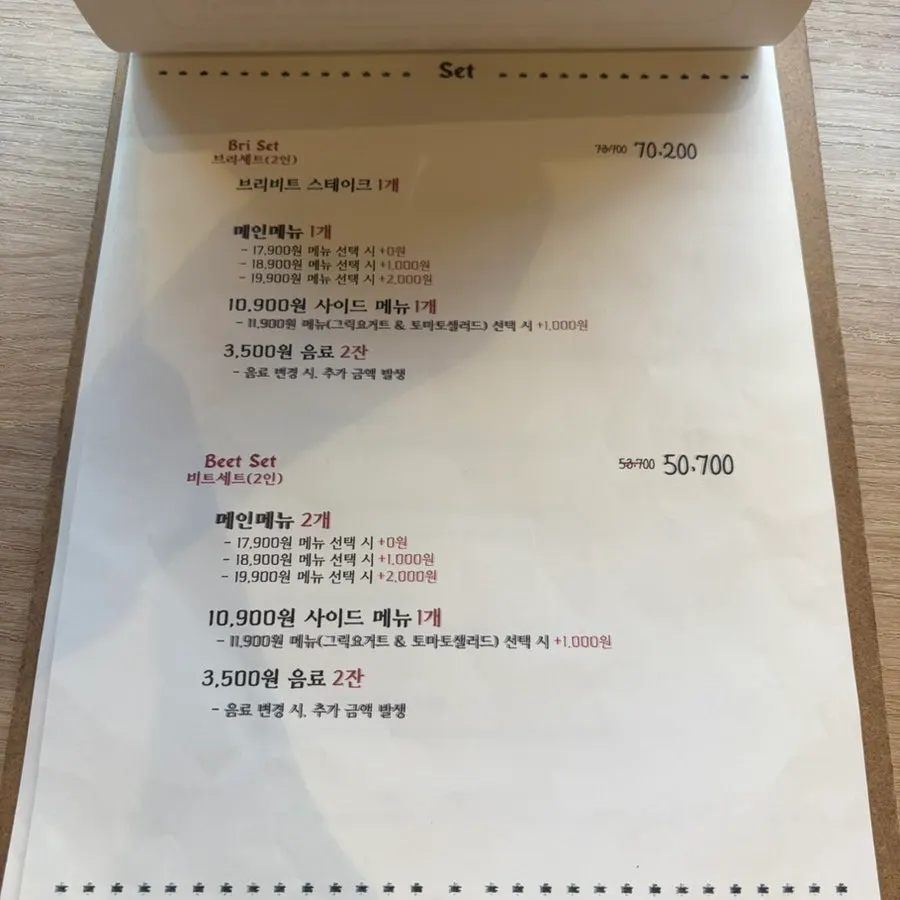 Menu page listing pastas and gnocchi