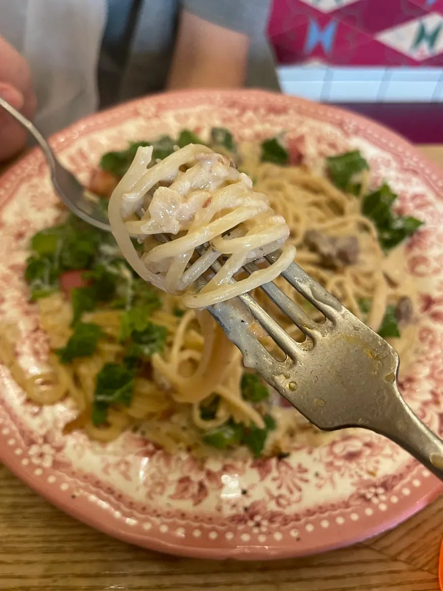 Steak salmon pasta with crisped salmon skin