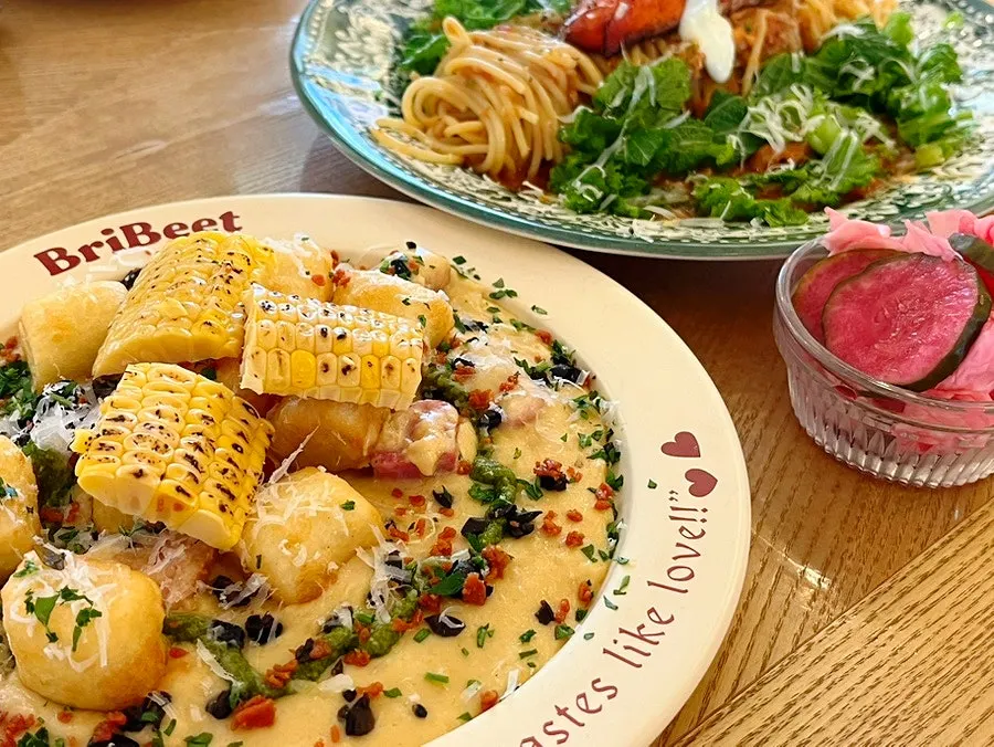 Close-up of handmade gnocchi with whole bacon