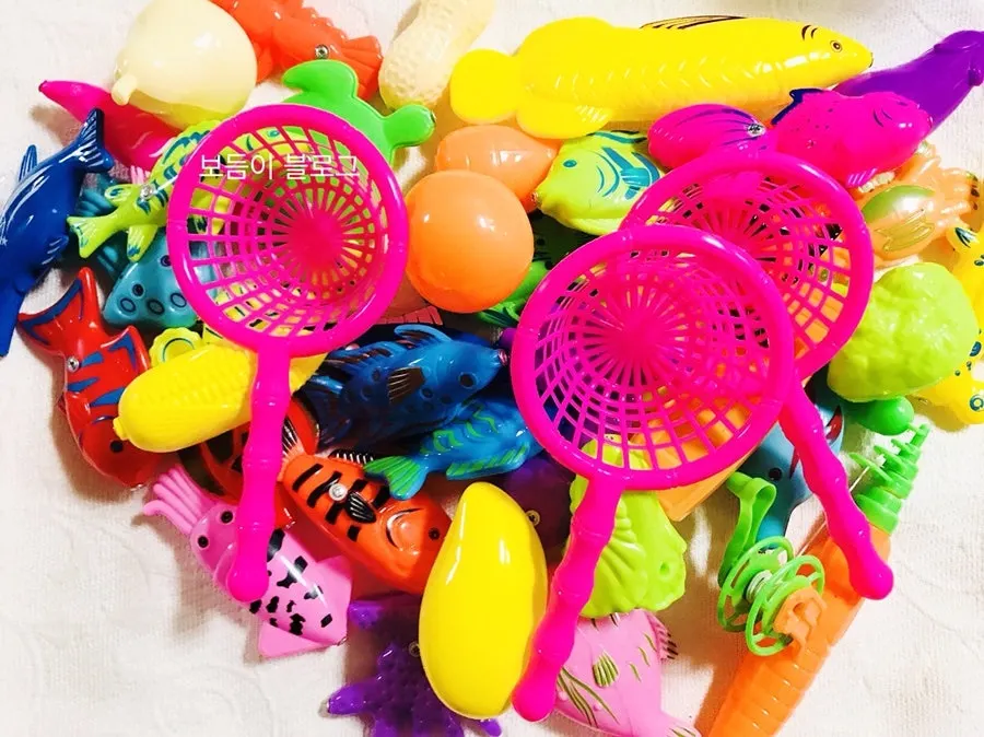 Fishing play pieces in various colors