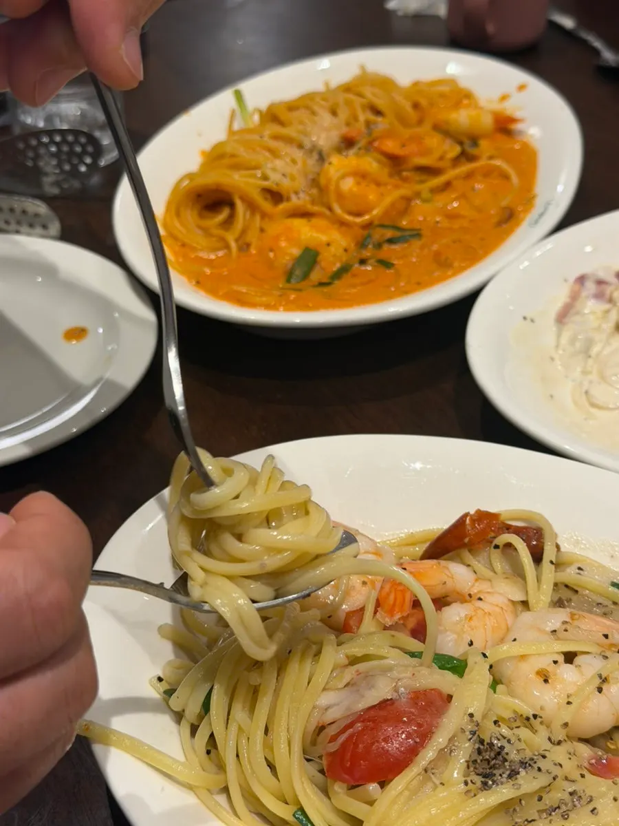 A plate of shrimp anchovy oil pasta