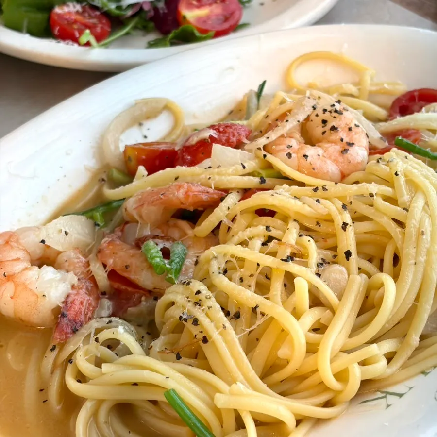 Shrimp anchovy oil pasta piled high with shrimp