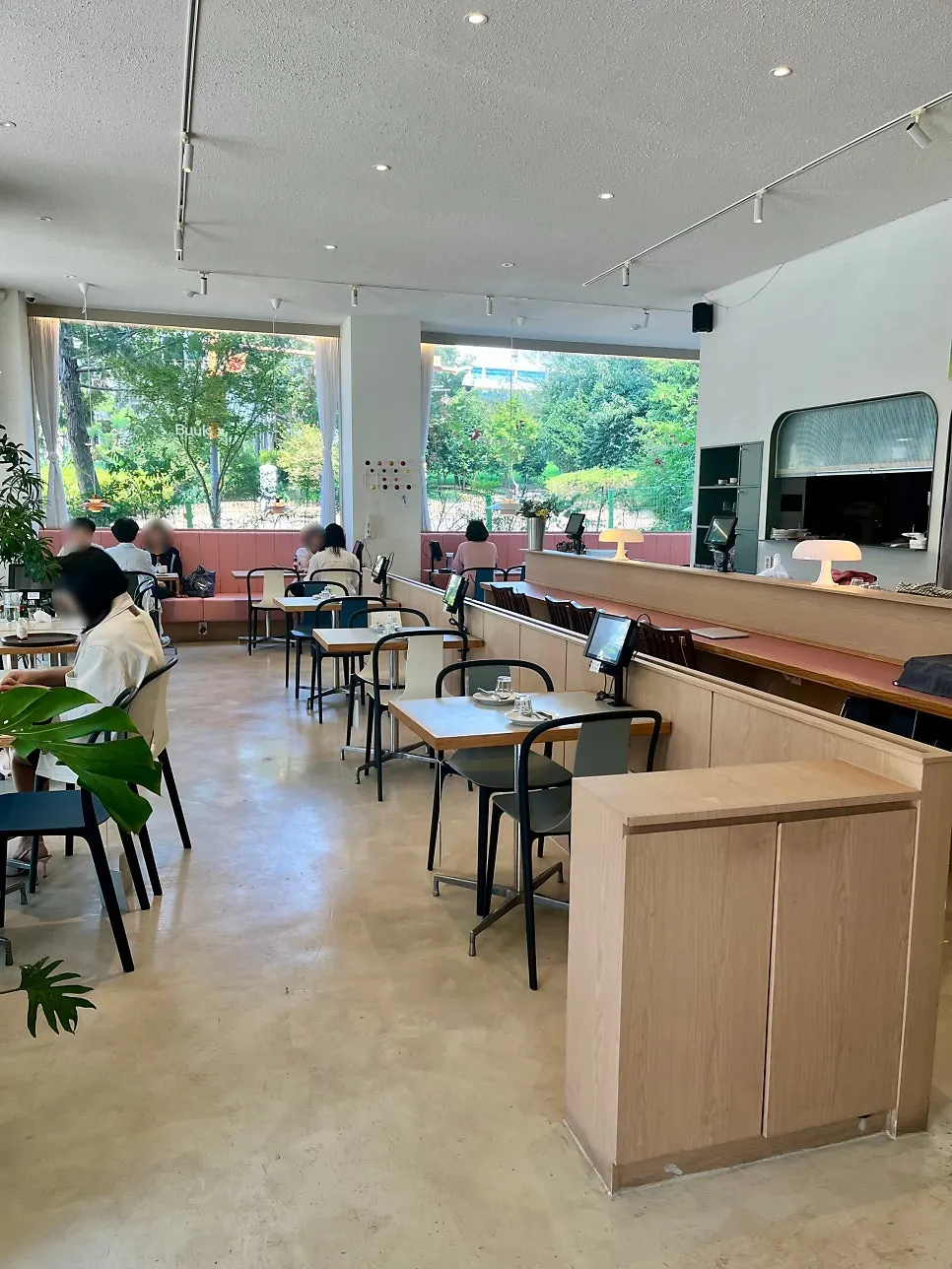 Dining hall seating decorated with colorful lighting and furniture