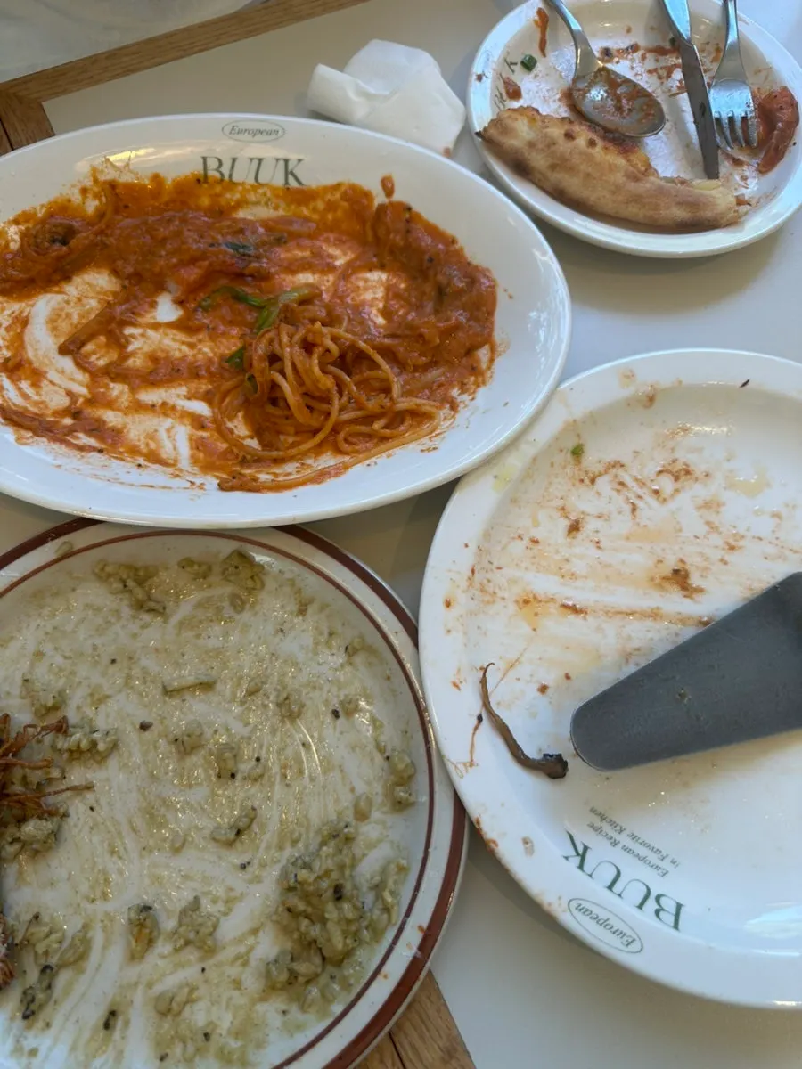 Table at meal's end with nearly empty plates