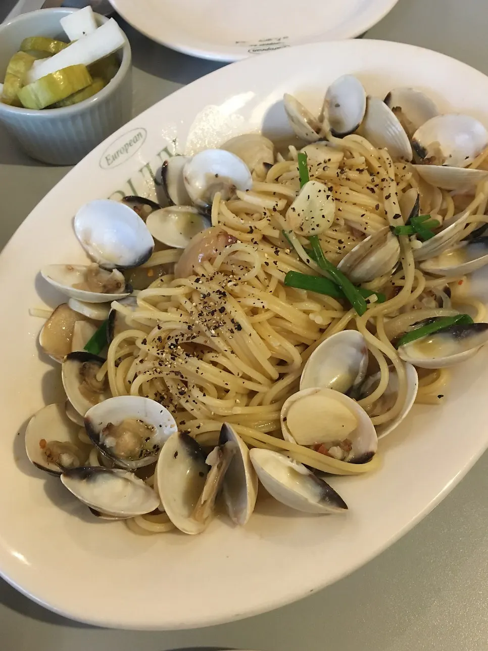 Vongole pasta piled high with manila clams