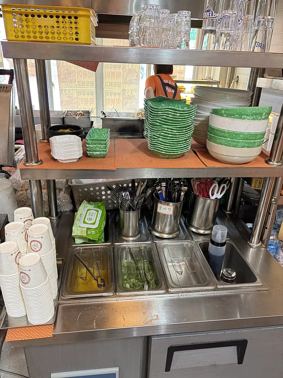 Self-serve bar with pickled radish, salt, and soy sauce