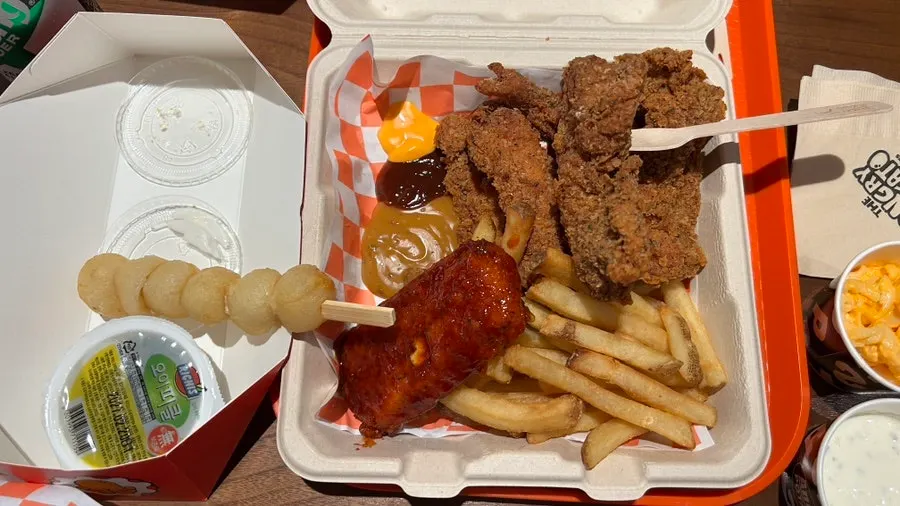 Close-up of hot crunch chicken made with chicken thigh meat