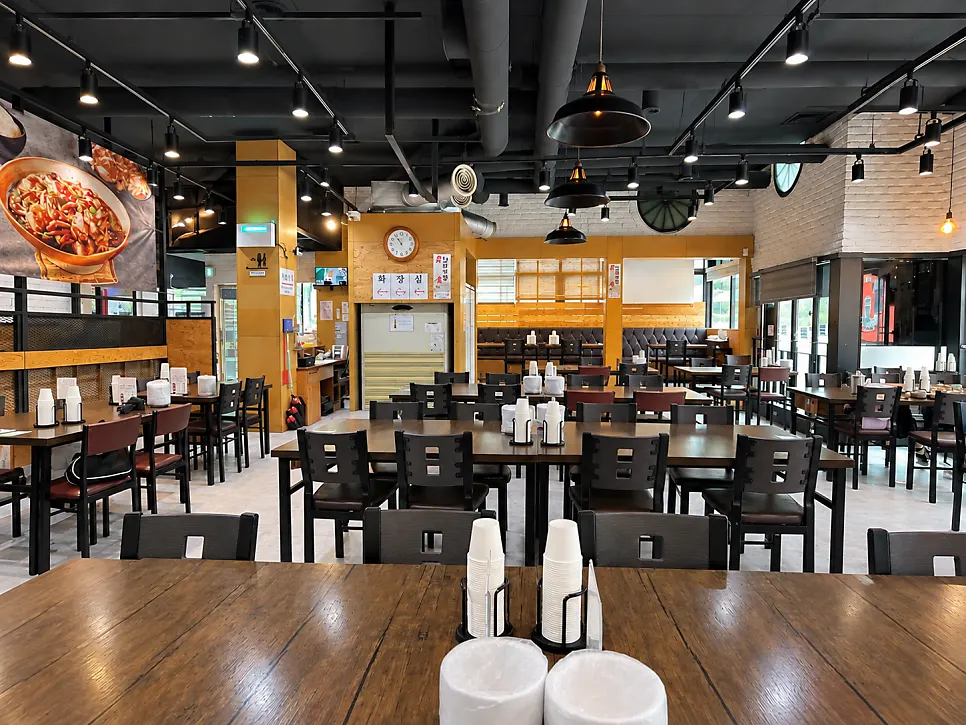 Interior of the spacious Korean restaurant with many tables