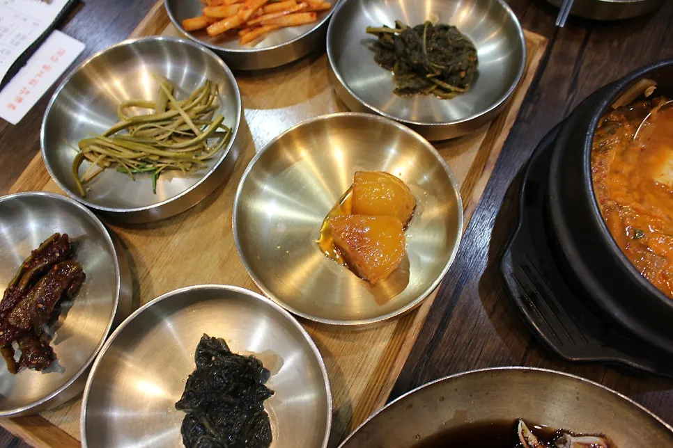 Plate of basic banchan including braised potatoes