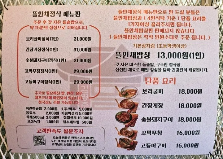 Menu board and prices at Gim Myeongju Tteuranchae Bapsang