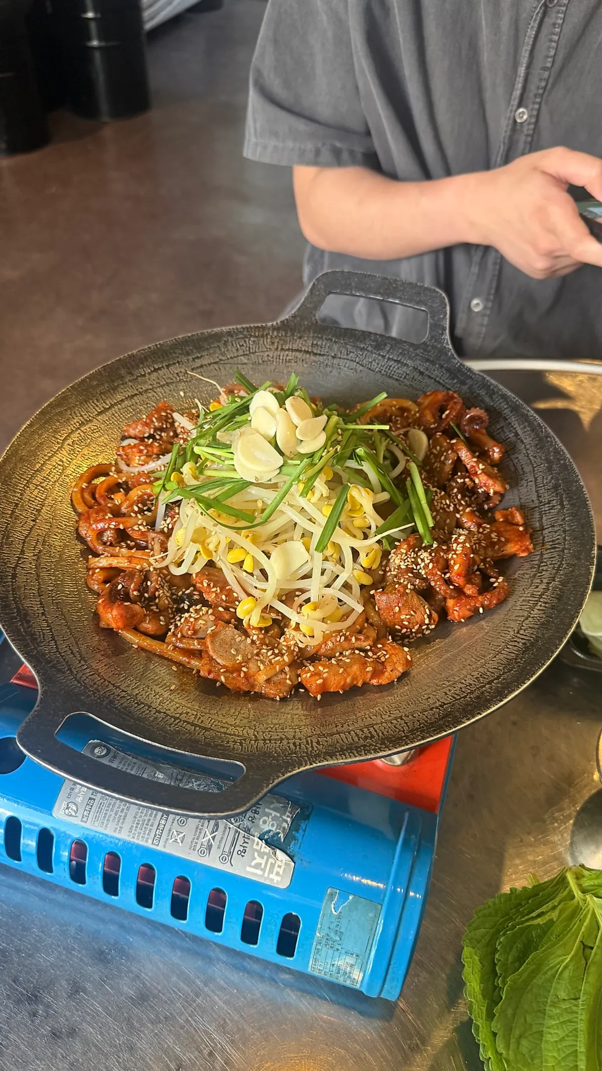 Hot plate with 3 servings of jjukkumi-samgyeopsal and udon noodles