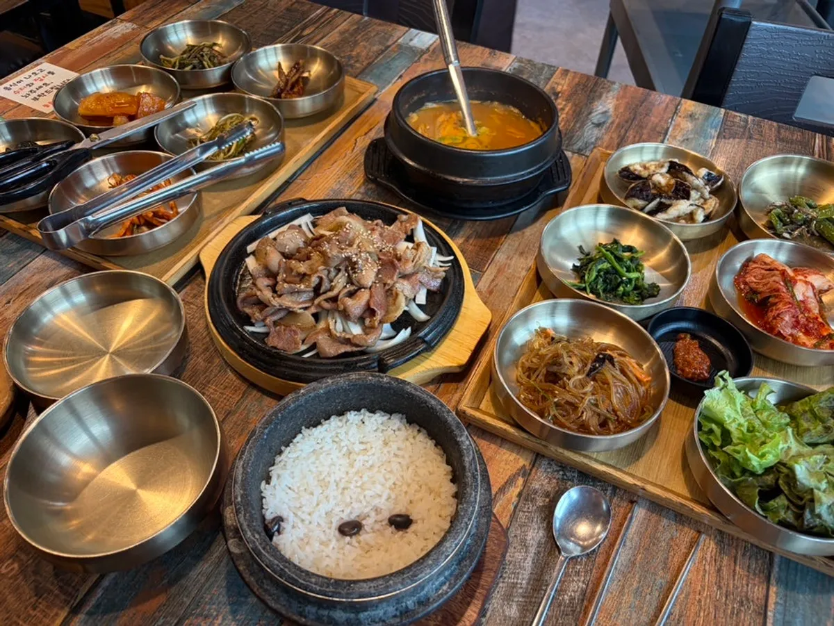 Full spread of the charcoal-grilled pork set meal