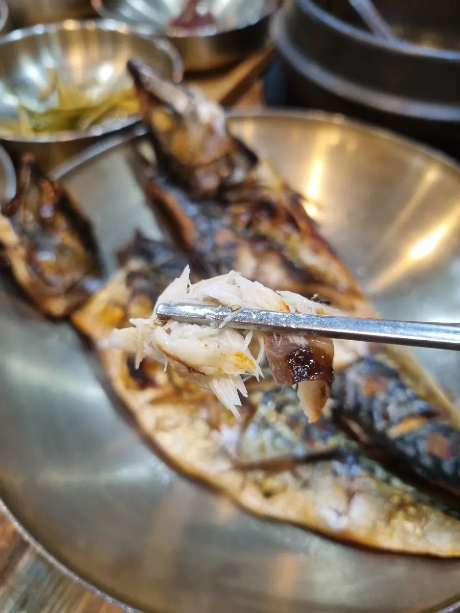 Close-up of the thick, meaty grilled mackerel