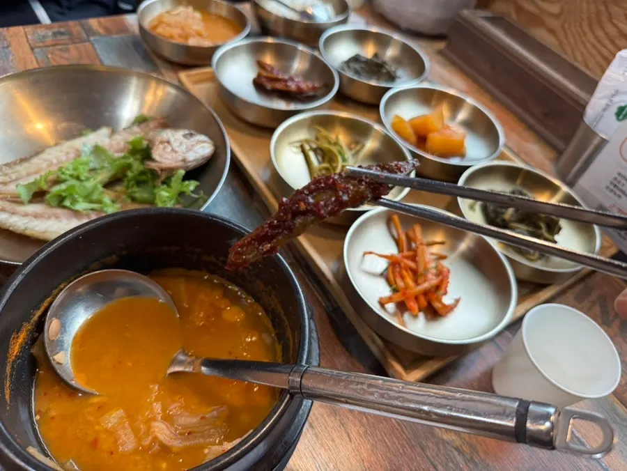 Japchae side dish on a Korean set-meal table