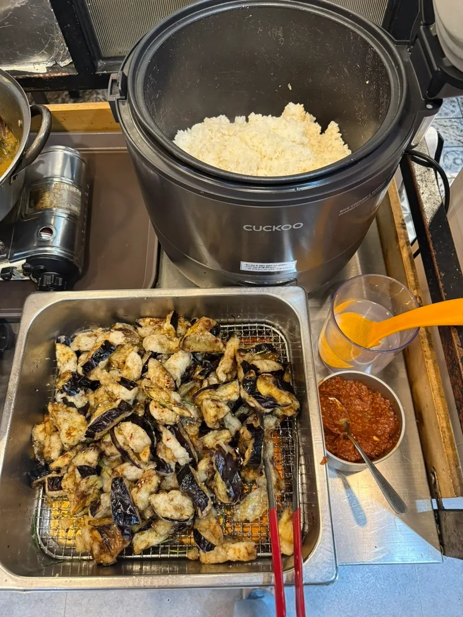 Banchan and rice brought over from the self-bar