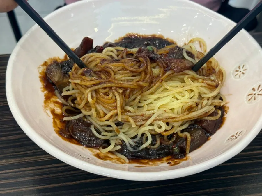 짜장 소스를 비빈 면발 클로즈업