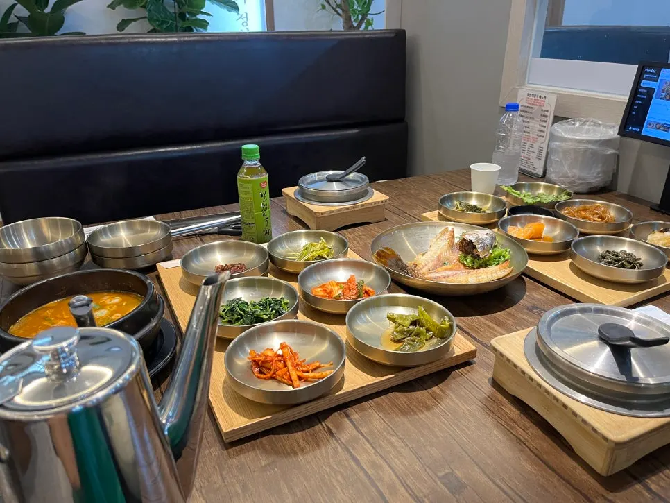 A full table spread served on brassware