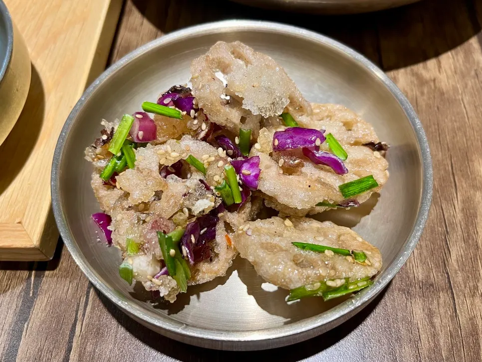 Fried lotus root with a thin batter coating