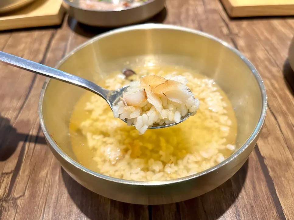 Rice soaked in green tea water topped with barley corvina