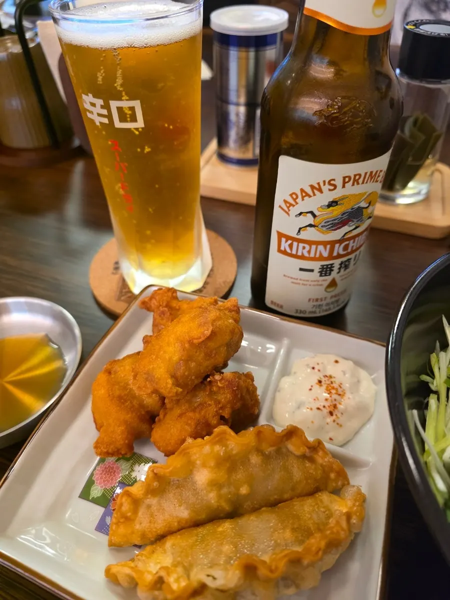 Dinner of half-and-half fried bites and mazemen