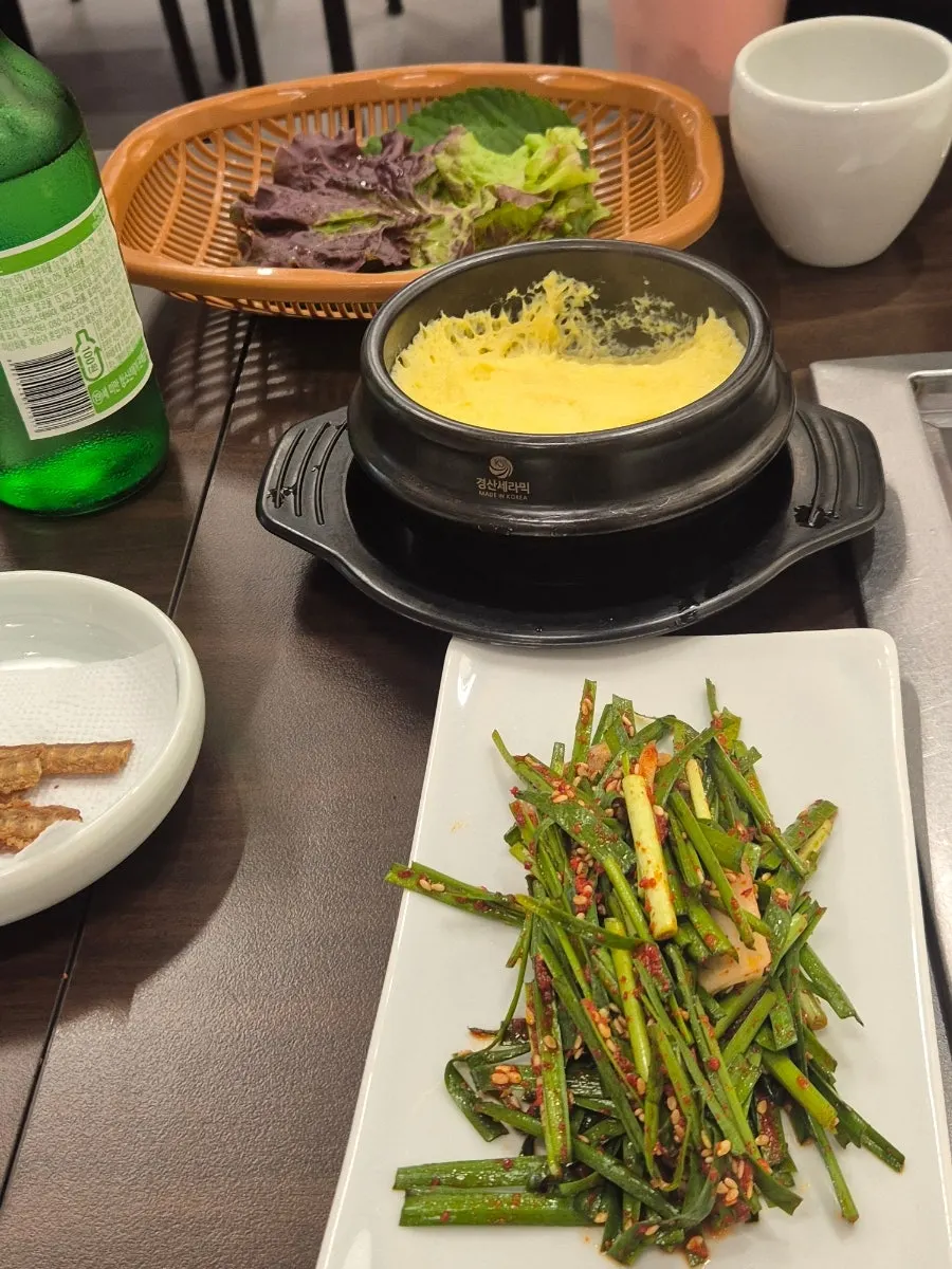 Basic side dish spread with wrap vegetables and kimchi