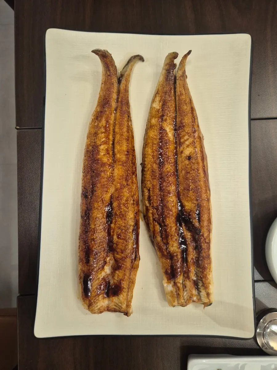 Plate of pre-seared soy-glazed grilled eel