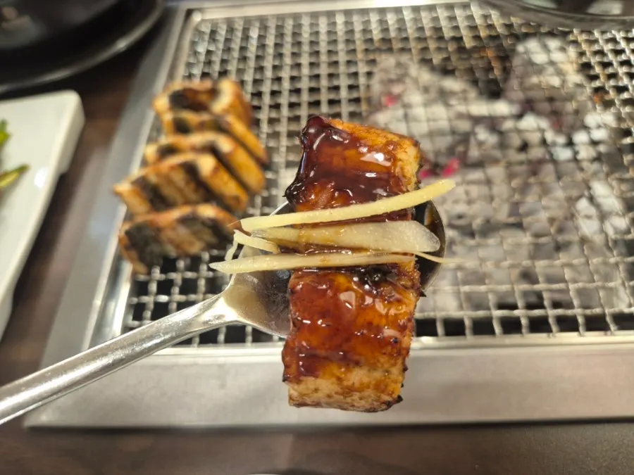 Grilled eel on the grill plate with side dishes