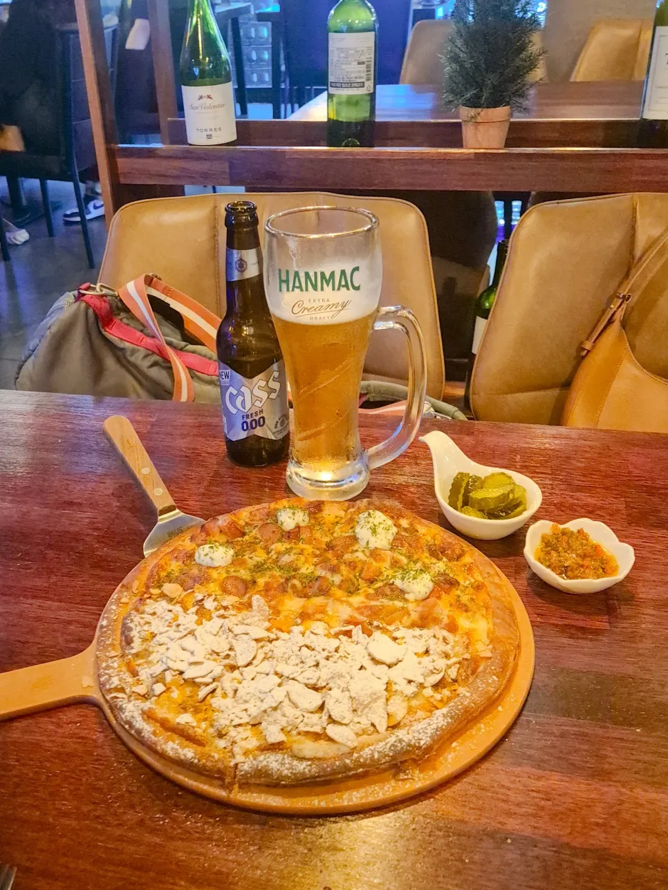 Table setting with the ham cheese pastry pizza