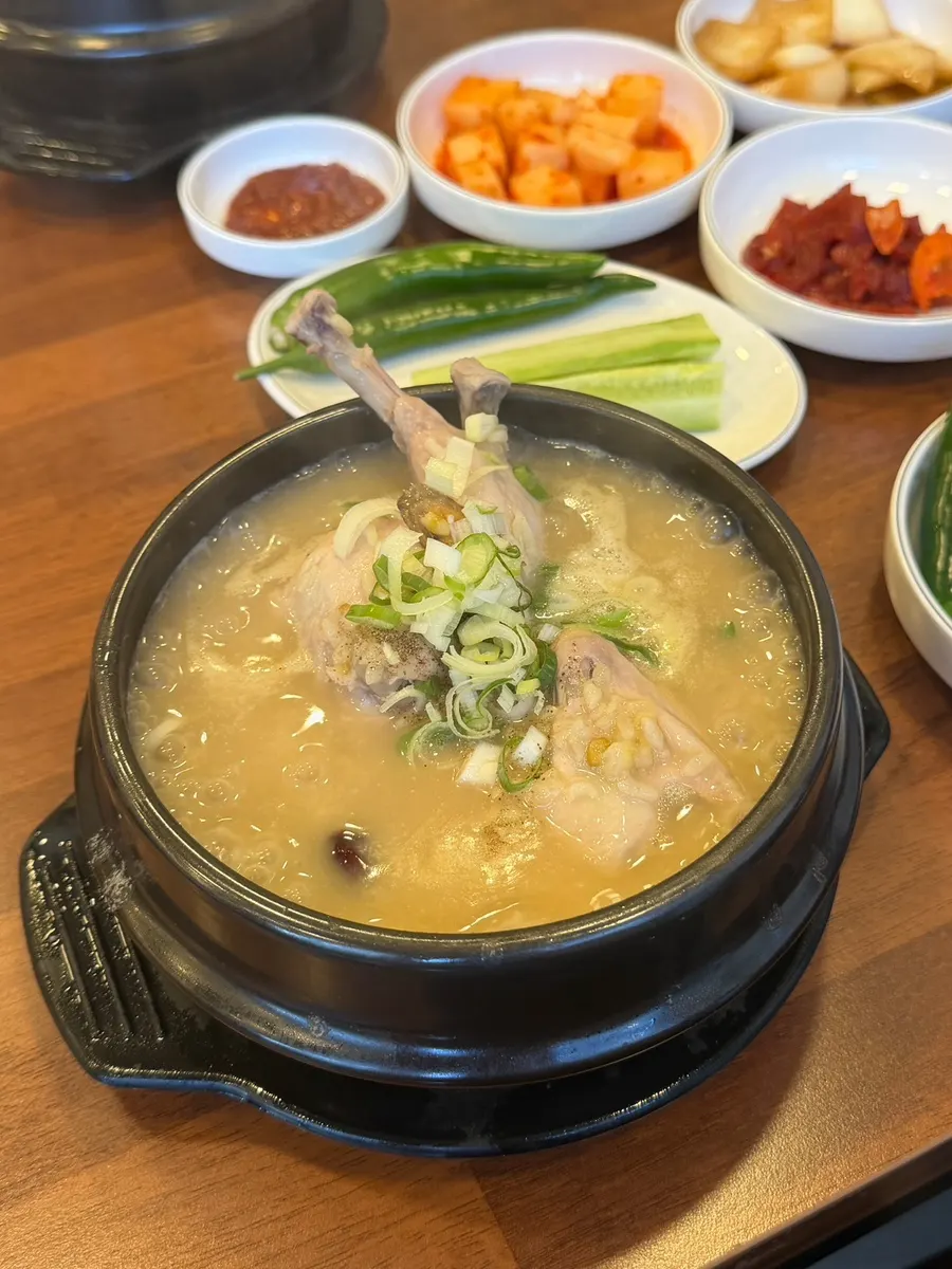 Herbal mung bean samgyetang bubbling in a stone pot