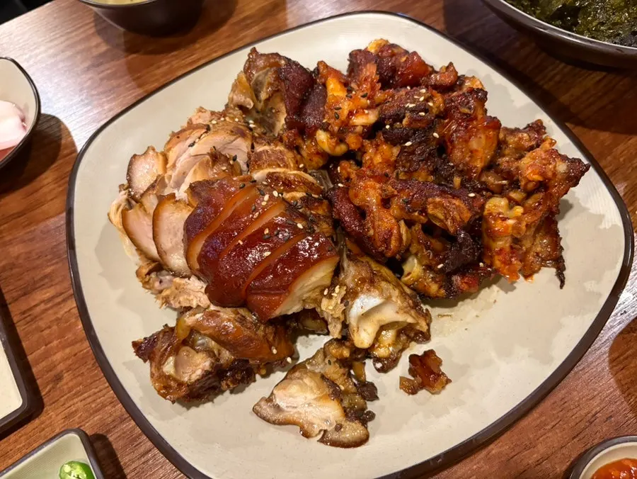 Close-up of sauce-coated fire jokbal