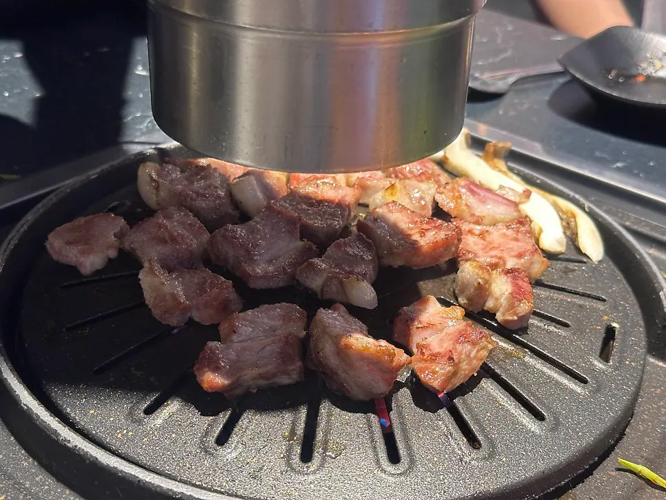 Grill pan loaded with well-grilled meat